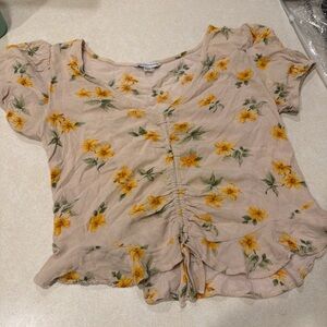 American Eagle Outfitters Beige Crop Top with Yellow Floral Print